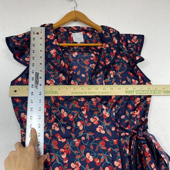Anthropologie Hey There Cereja Cherry Print Faux Wrap Dress Size 6 Blue Satin - Picture 4 of 15